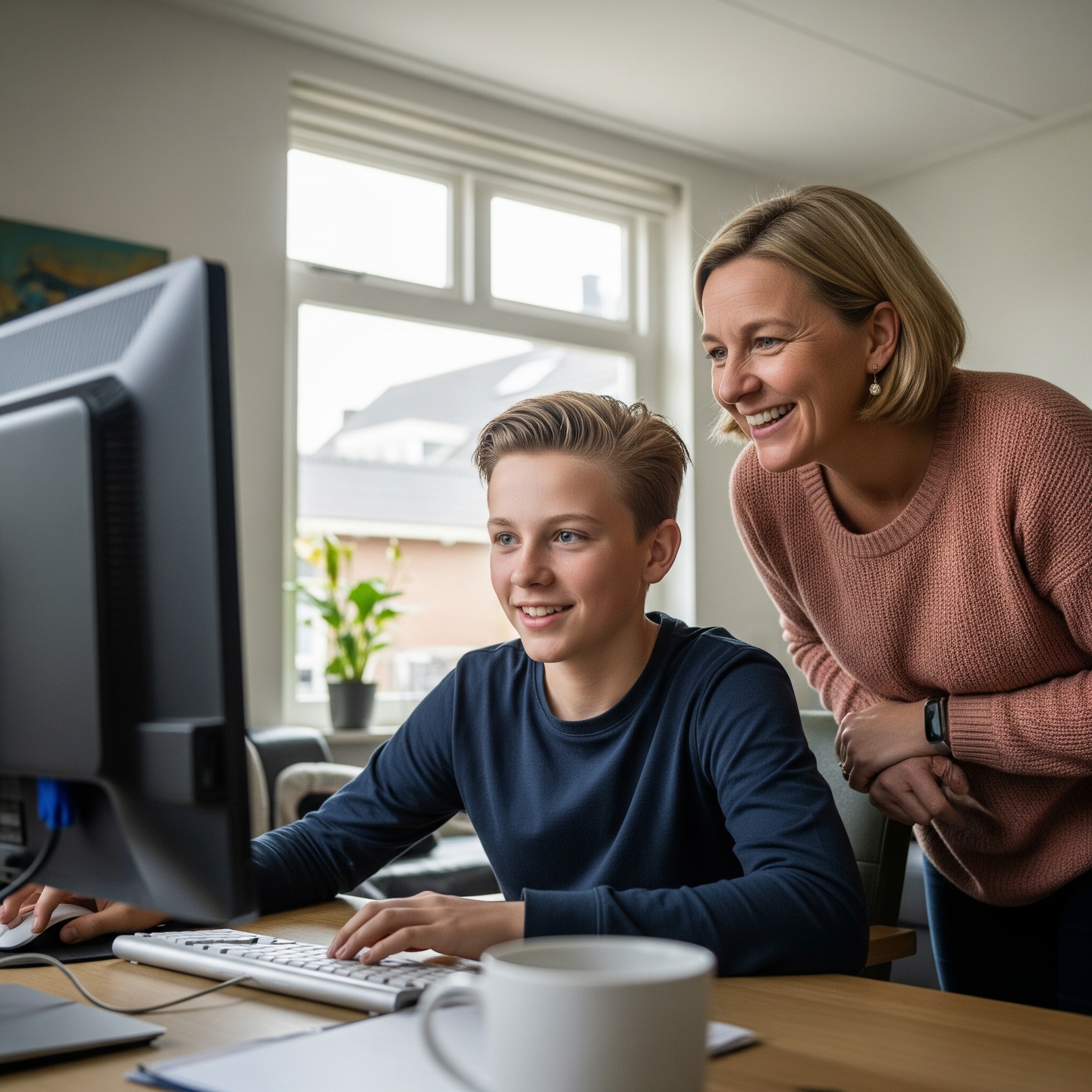 Zoon en moeder lachend kijkend naar computer