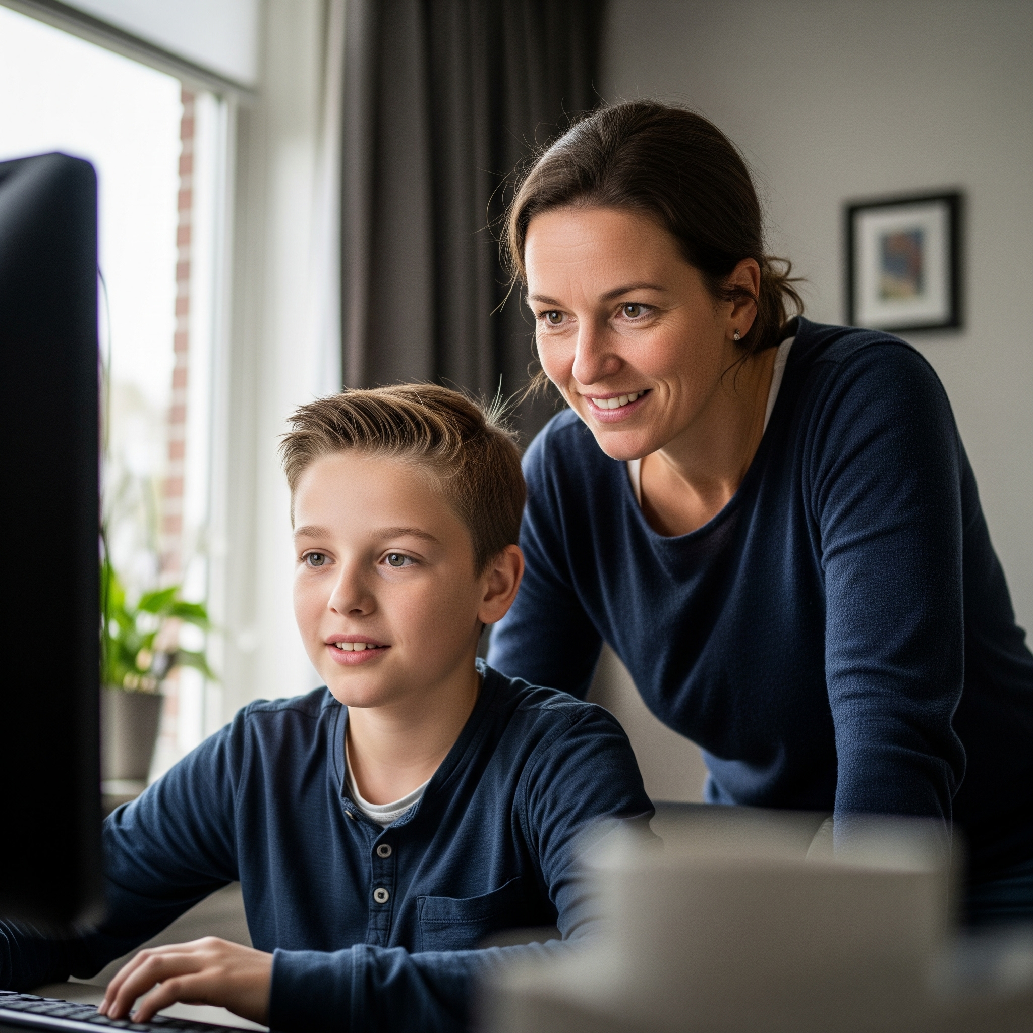 Zoon en moeder kijkend naar computer