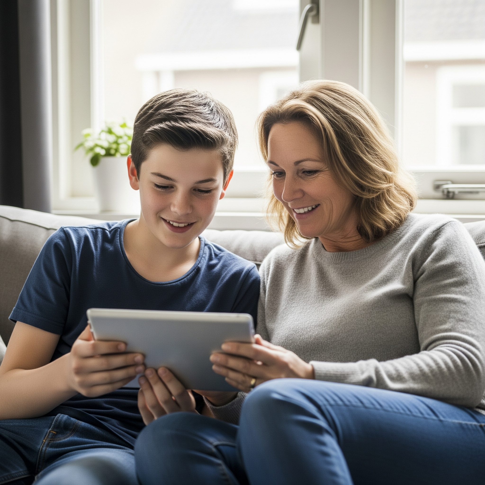 Zoon en moeder die inschrijfformulier invullen op tablet