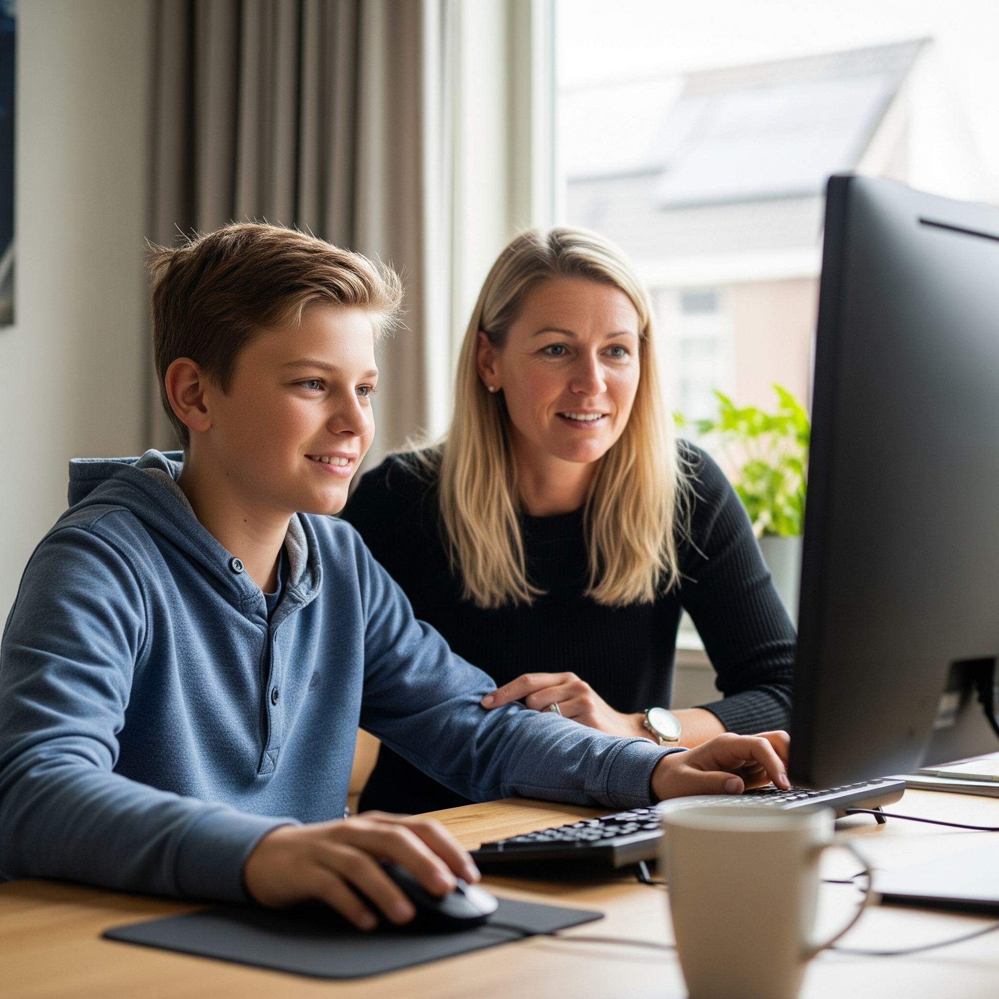 Zoon en moeder kijkend naar computer (1)