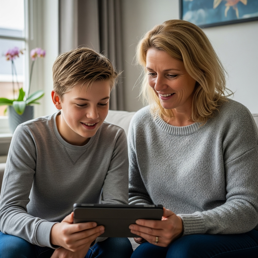 Zoon en moeder kijkend naar een tablet (1)