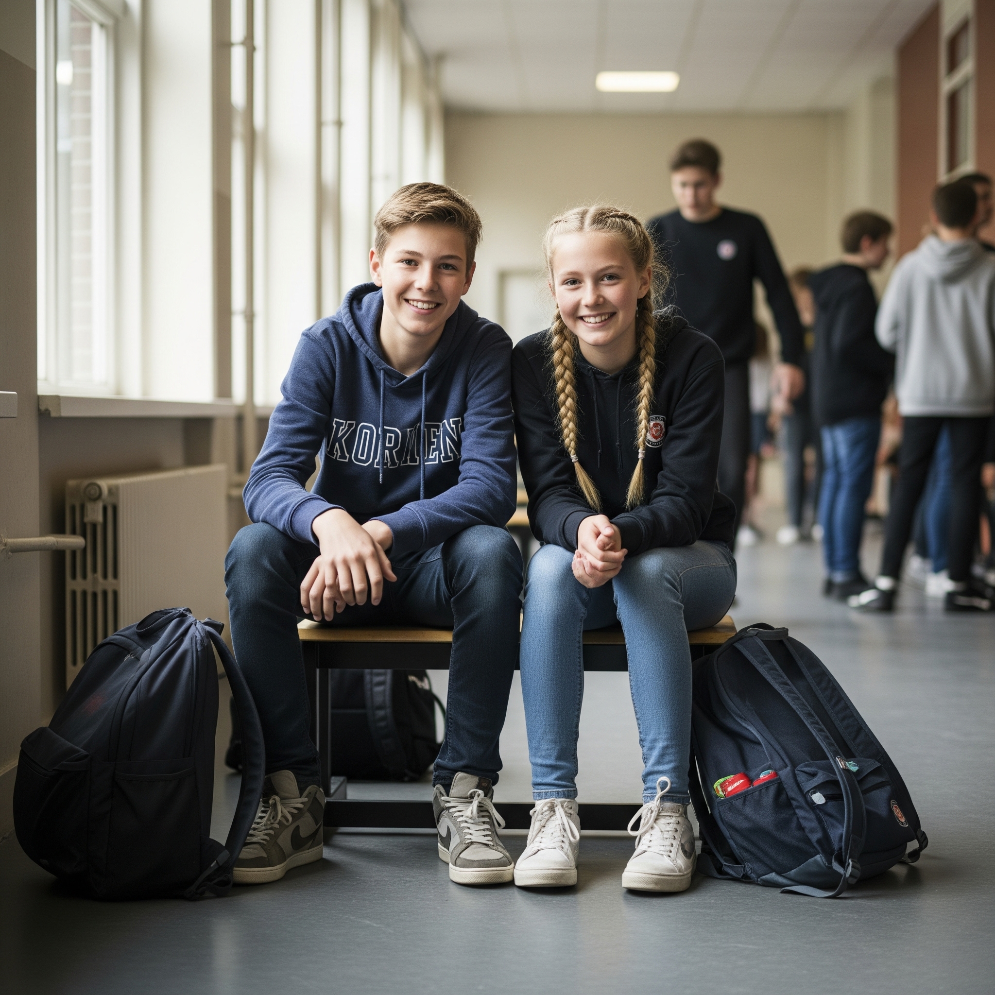 Twee scholieren zittend op bankje in schoolomgeving