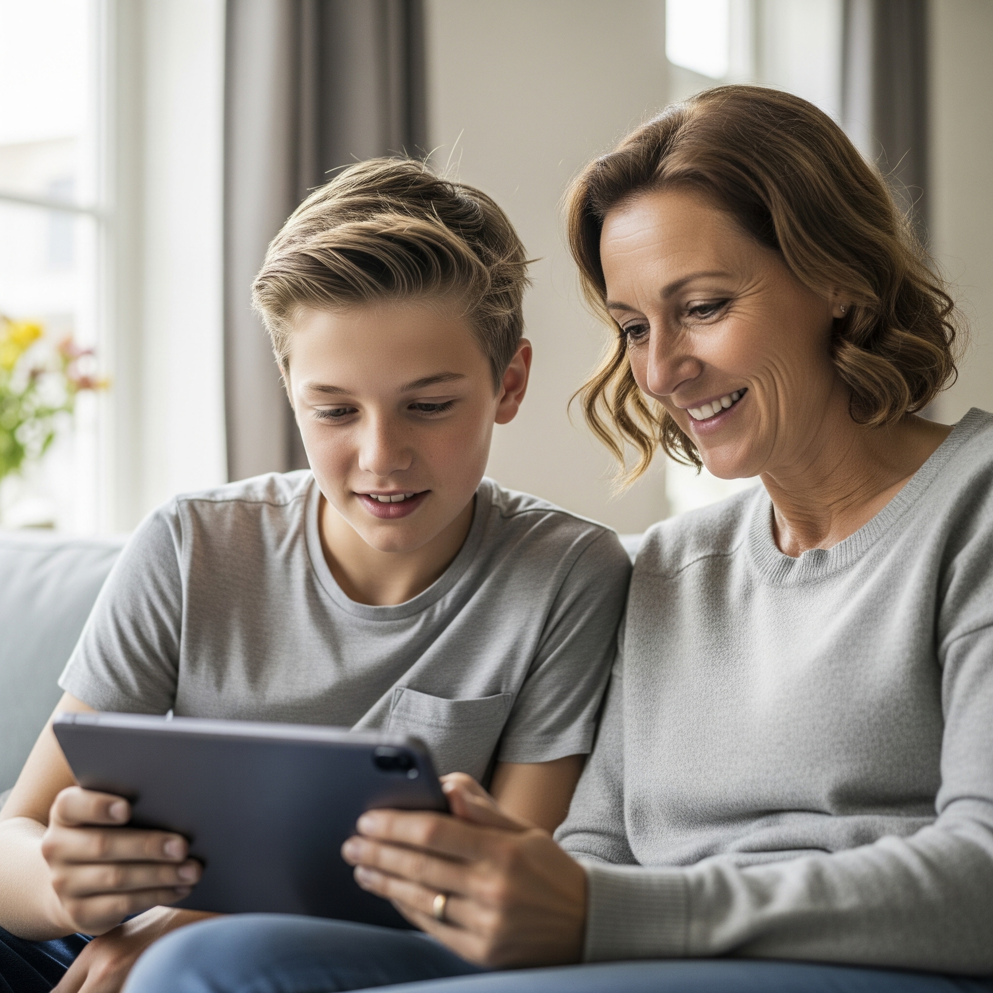 Zoon en moeder kijken naar een tablet