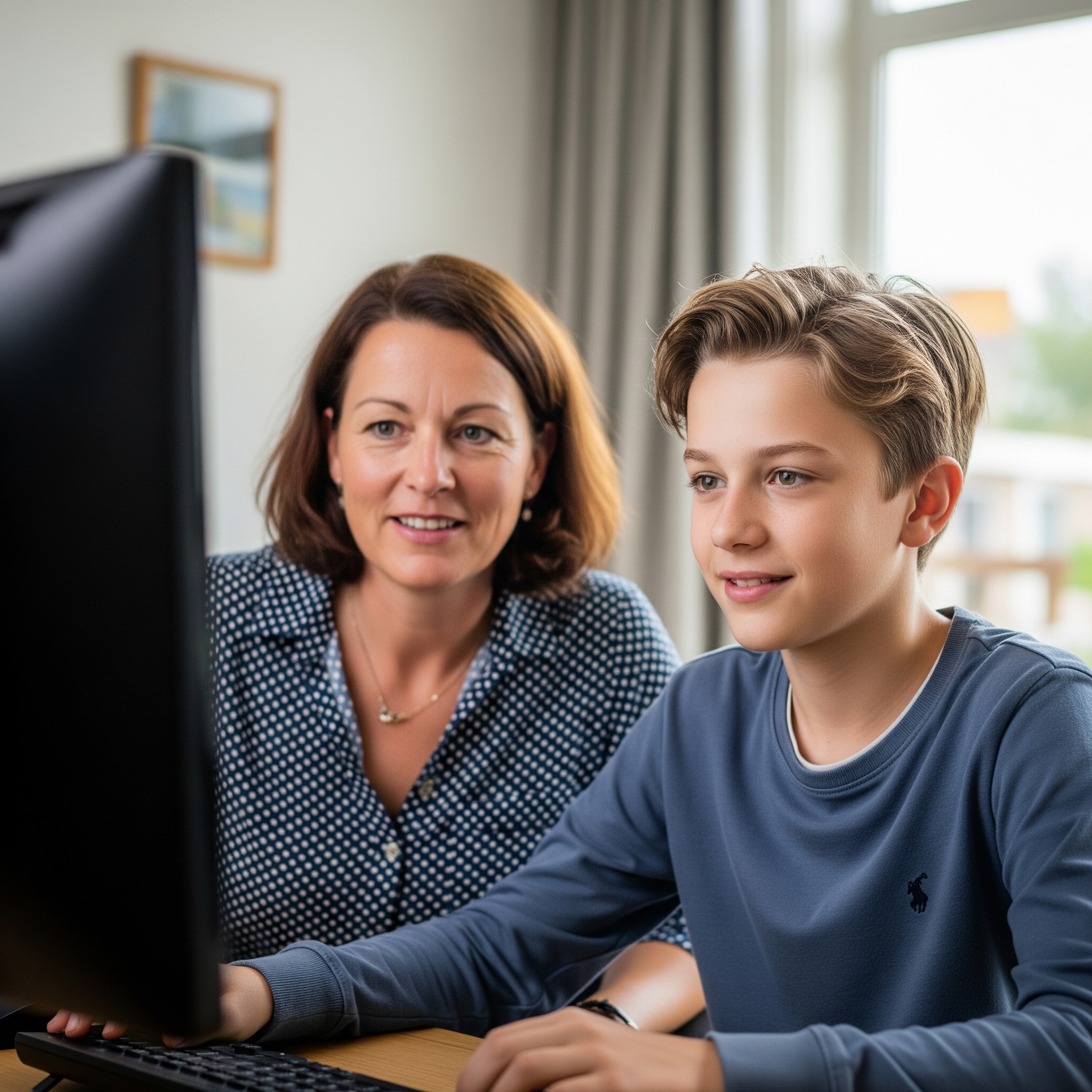 Zoon en moeder vullen formulier in op de computer
