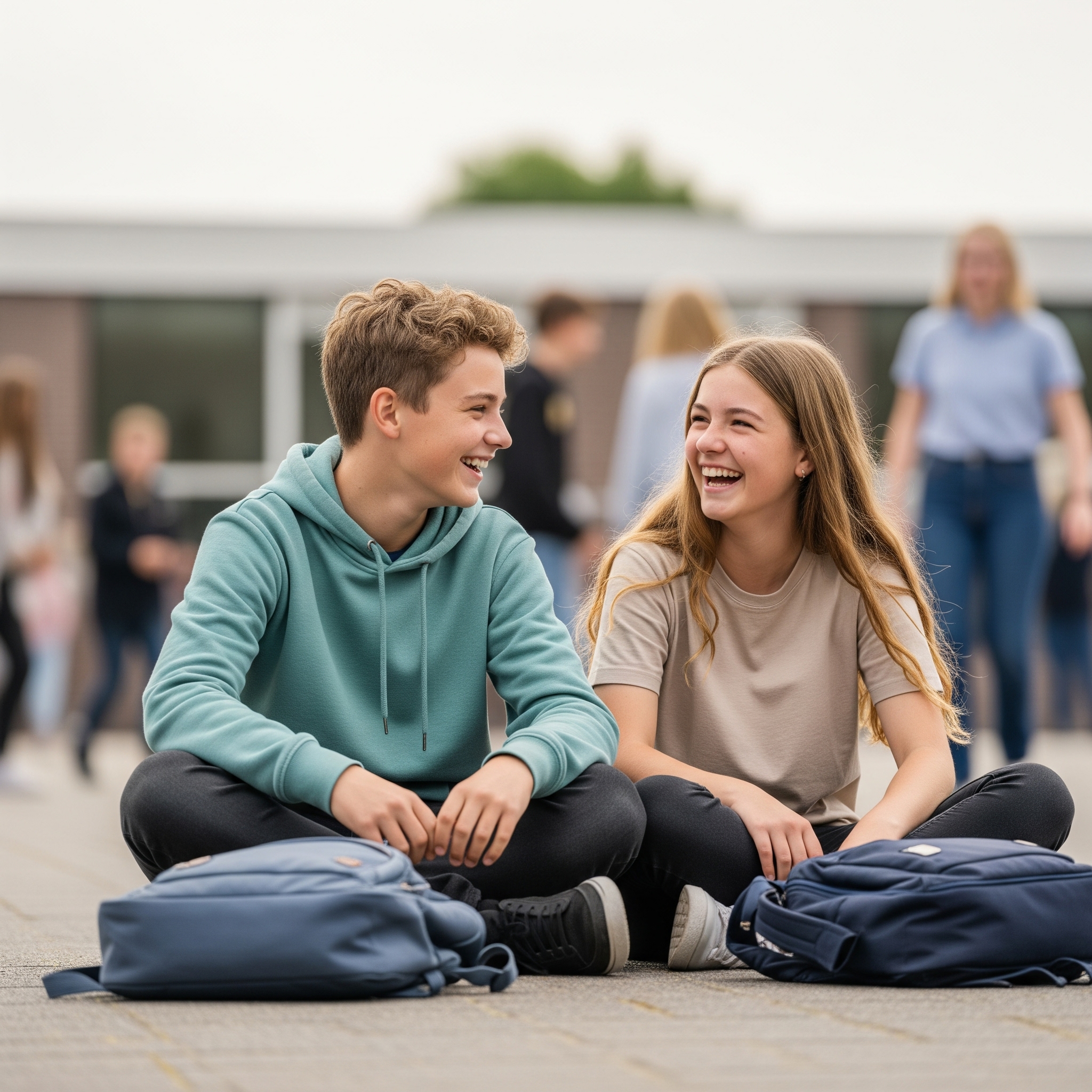 Scholieren in gezellig gesprek op het schoolplein