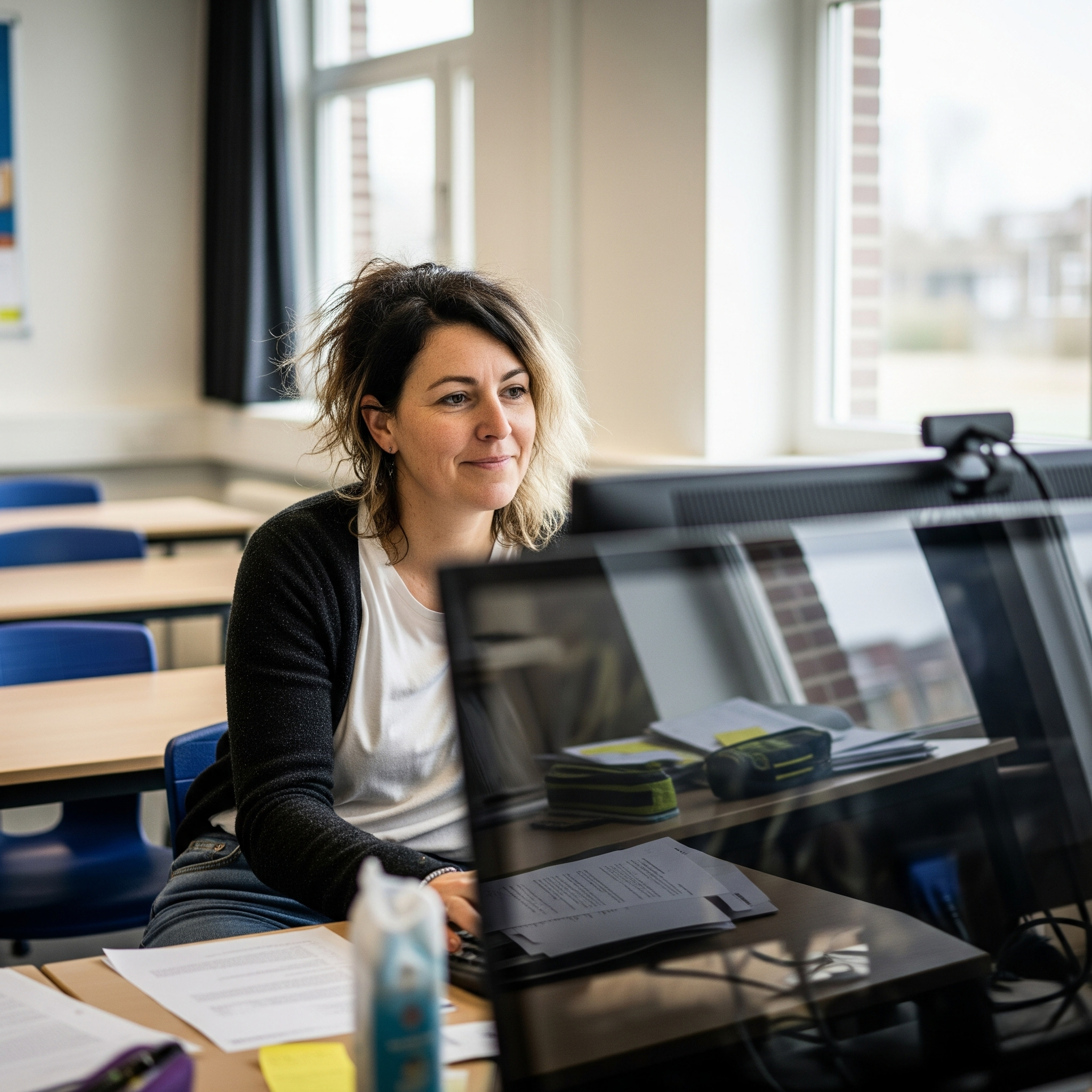 Lerares achter computer in klaslokaal