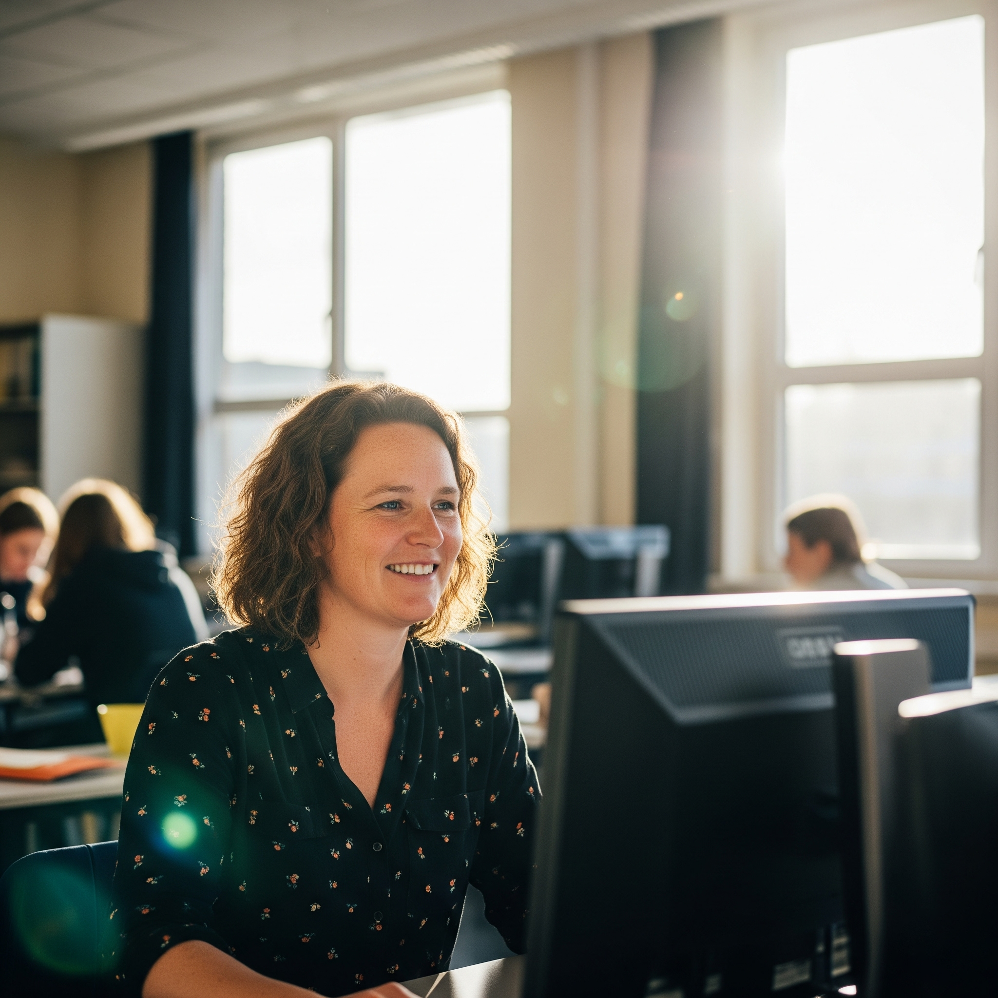 Ouder in klaslokaal achter computer