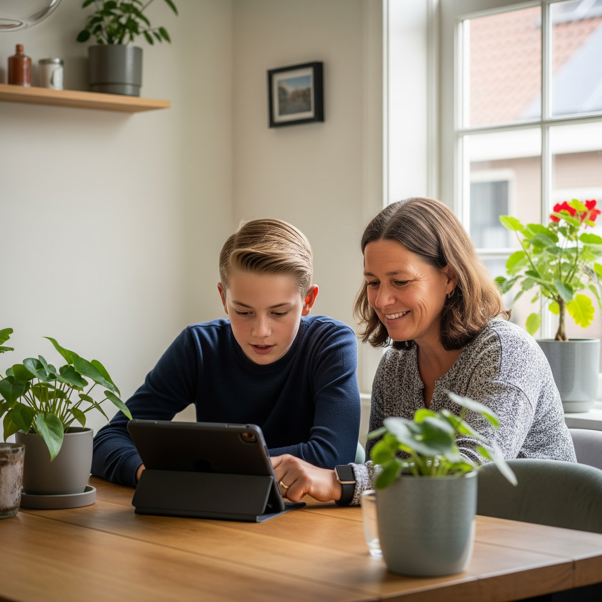 Zoon en moeder vullen een formulier in op een tablet