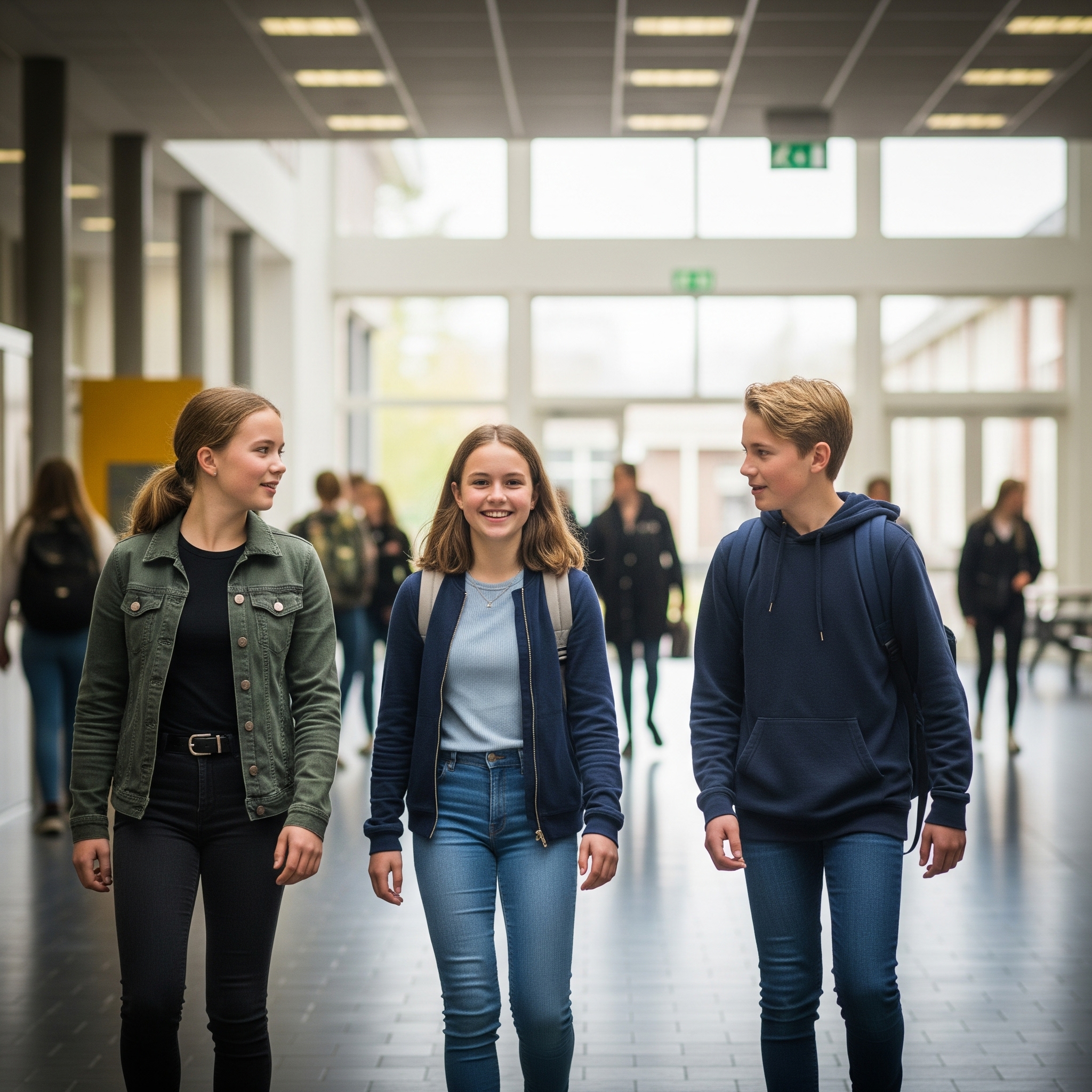 Scholieren lopend in de aula